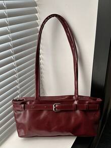 1个复古大容量手提包，通勤超大腋下包，时尚摩托车手提包，PU纯色油蜡皮革，带肩带装饰，拉链封口，女士单肩包，适合工作、大学生背包、短途旅行、度假、购物、商务等场合，日常使用皆宜。 - 酒紅色 - 查看 9