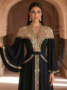 Elegant Lime Green Embroidered Formal Long Robe, Decorated With Beaded Corset And Bell Sleeves, Arabic Long Robe, Suitable For Women, Party Robe, Muslim Evening Robe, Formal Robe, Modest And Decent Style - Black - View 11