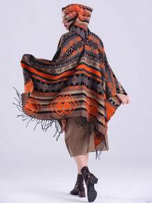 1件几何图案条纹流苏连帽斗篷披肩 - 彩色 - 查看 3