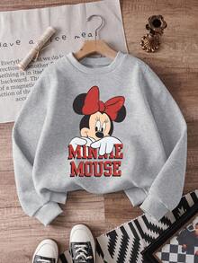 1pc Disney Minnie Mouse Retro Peeking Portrait Tween Girls' Vintage Sweatshirt, Comfortable & Versatile For School Days & Casual Meetups - Xám - Xem 1