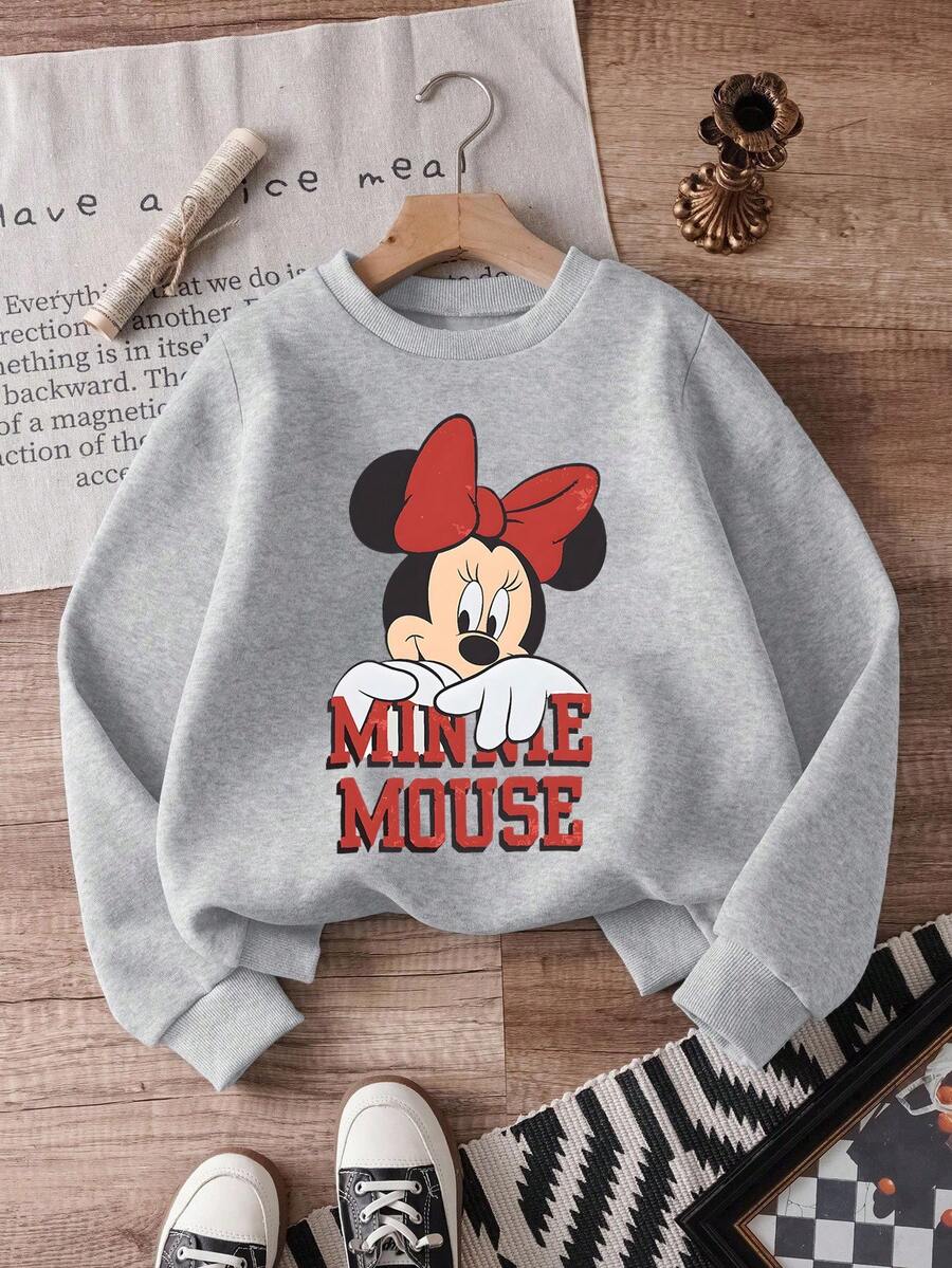 1pc Disney Minnie Mouse Retro Peeking Portrait Tween Girls' Vintage Sweatshirt, Comfortable & Versatile For School Days & Casual Meetups - Xám - Xem 1