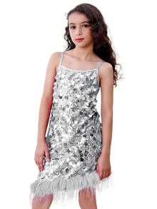 LONTAKIDS Girls Sequin Dress Kids Sparkly Gown For Christmas Birthday Party Wedding With Spaghetti Strap Detachable Feather Hem - 銀色 - 查看 1