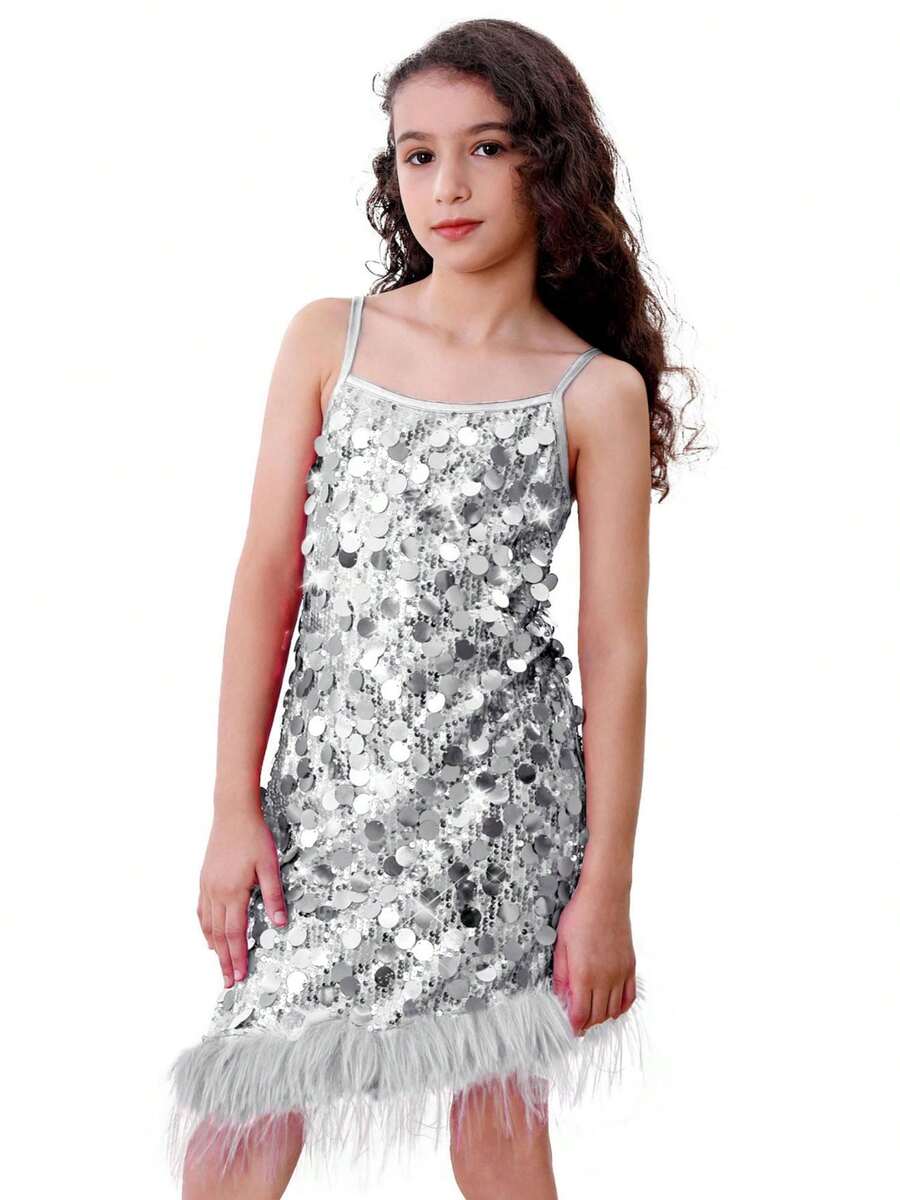 LONTAKIDS Girls Sequin Dress Kids Sparkly Gown For Christmas Birthday Party Wedding With Spaghetti Strap Detachable Feather Hem - 銀色 - 查看 1