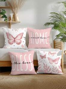 4 件套浅粉色蝴蝶叶子印花枕套，适用于客厅和卧室，涤纶材质，可机洗 - 粉色 - 查看 8