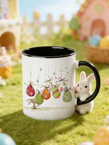 1 Stück 325ml Keramik Kaffeetasse mit Hasen Blumen & Oster Grüße - Rosa & Grüne Frühlings Hasen, Tulpen & Eier Design - Nur Handwäsche, wiederverwendbare Tasse als Ostergeschenk, für Lehrer, Kollegen, Liebste oder Geburtstagsgeschenk - Weiße Teetasse für heiße/kalte Getränke - Verschiedenfarbig - Übersicht 4