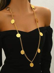 1pc Vintage Metal Coin Pendant Long Sweater Necklace, Party/Wedding Decoration, Holiday Gift - Yellow Gold - View 1