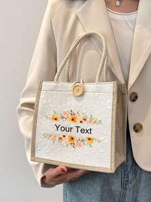 1pc Customizable Flower Decor Handbag, Beach Bag, Teacher Bag, Women's Bag, Bride Bag, Bridesmaid Bag, Customizable With Personalized Text And Letters, Suitable For Bridesmaid Gift, Wedding Gift, Teacher's Day Gift - Multicolor - View 2