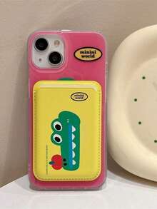 1pc Niche Design Cartoon Crocodile & Apple Magnetic Adsorption Full Coverage Phone Case + Magnetic PU Leather Card Holder TPU Shockproof Protective Cover For IPhone11/12/13/14/15/16/17/PROMAX, Pink - Pink - View 2