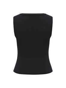 Vaiaye Women's Sexy Fitted Deep V-Neck Sleeveless Tank Top, Solid Color Knit Tank Top, Women's Fitness Clothing, 2026 Spring & Summer Carnival Apparel, Suitable For Daily Wear And Commuting Casual Black - Black - View 4