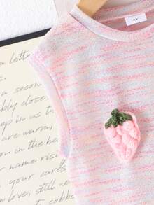 2pcs/Set Young Girls' Vacation Casual 3D Strawberry Embroidery Round Neck Top And Denim Shorts Set, Lightweight Summer - Watermelon Pink - View 5