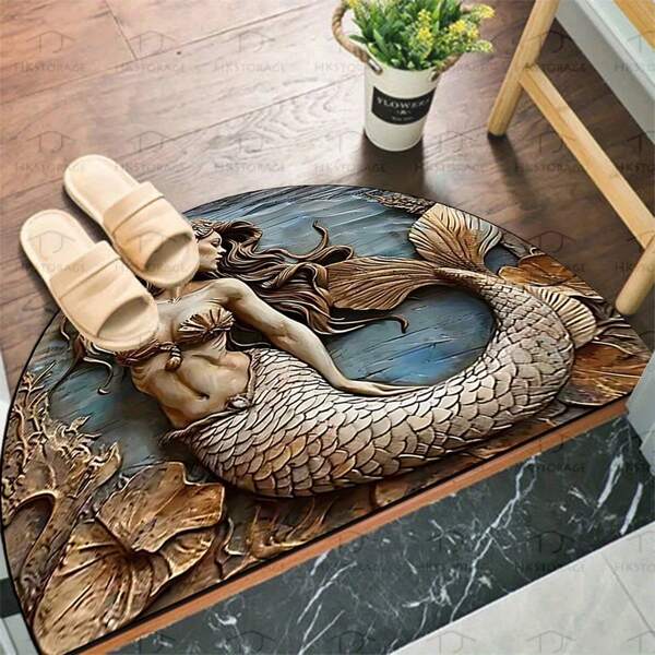 Mermaid Welcome Doormat - Plush Crystal Plush With Anti-Slip Silicone Backing, Suitable For Patio, Porch, Office And Living Spaces - Hand Washable, Semi-Circle Design - Ideal Home And Room Decor Rug