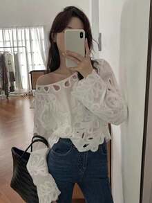 秋季新款高端小众设计百搭镂空刺绣长袖女式衬衫 - 白色 - 查看 2