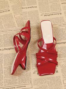 Sandalias de tacón alto con punta cuadrada y tiras cruzadas en color rojo, sandalias casuales sin talón tipo mula - Rojo - Ver 5