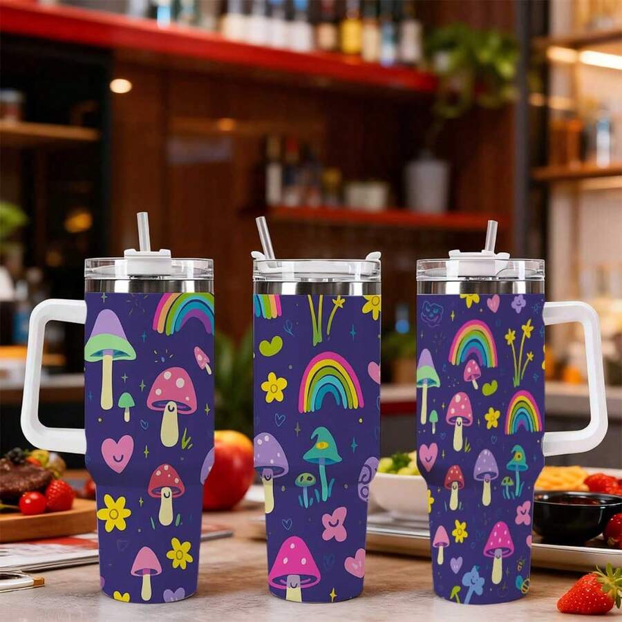 1 Stainless Steel Straw Cup| Enchanted Forest Animal Print, Cute Mushroom & Rainbow Design, Leak-Proof, Ergonomic Handle, 40OZ Capacity, Reusable Halloween Gift Durable Stainless Steel Water Bottle With Detachable Cup For Daily Use, Water Bottle Coffee Bar Essentials| Perfect Grandpa Grandma & Best Friend Gifts - White - View 1