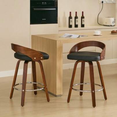 Set Of 2 Bar Stools, Swivel Bar-Height Stools With Low Backrests, Wooden Bar Chairs With Padded Seats, 63 Cm Seat Height (Black, 63 Cm Counter Height), DE1854BK