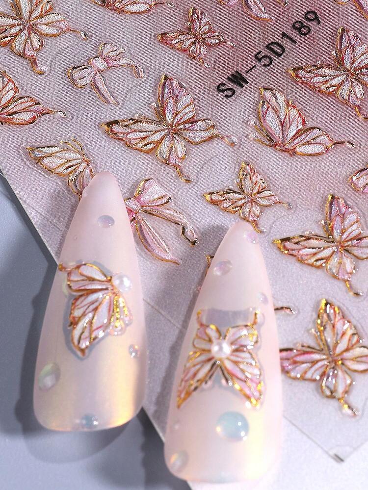 2片装5D蝴蝶浮雕美甲贴纸，金色渐变美人鱼全息复古蝴蝶DIY美甲贴花，Y2K全息滑动美甲装饰 - 彩色 - 查看 6