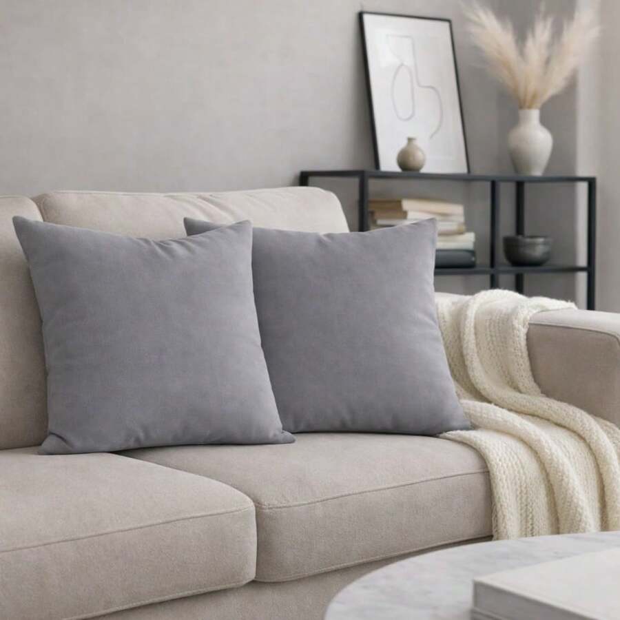 Set Of 2 (Two) Cushion Covers 45x45 Premium Smooth Velvet Suede With Invisible Zipper, Decorative - Màu Xám nhạt - Xem 1