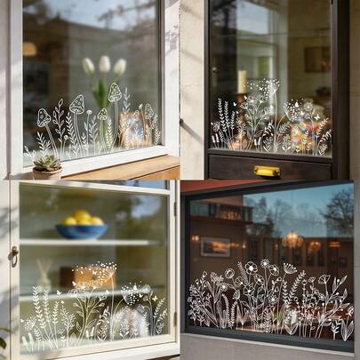 1/3 piezas Pegatinas de ventana con diseño de seta blanca y flor silvestre, calcomanías estáticas de mariposa para vidrio, película de ventana reutilizable sin pegamento, adecuada para cocina, sala de estar, privacidad, decoración del hogar con estilo pastoril de primavera, regalo de inauguración de casa