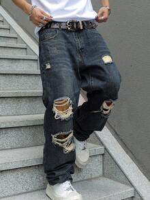 Men's Ripped Jeans Relaxed Fit Straight Leg Distressed Vintage Denim Pants Y2K Hip Hop Skater Streetwear Casual Trousers - 深色水洗藍 - 查看 9