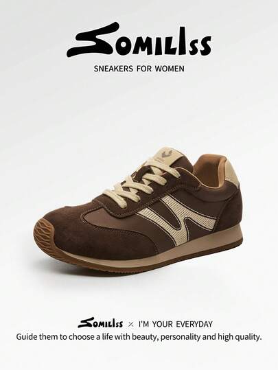 somiliss Women's Wide Toe Sports Casual Shoes, Classic Retro Style, Comfortable Soft Sole With Arch Support, Suitable For Commuting & Daily Wear, Spring, Brown