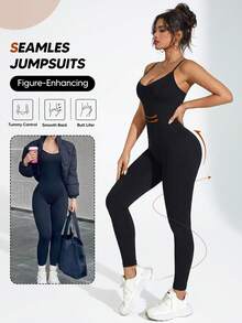 女士瑜伽连体裤，无袖紧身连体裤，贴身打底休闲黑色夏季优雅款 - 黑色 - 查看 1