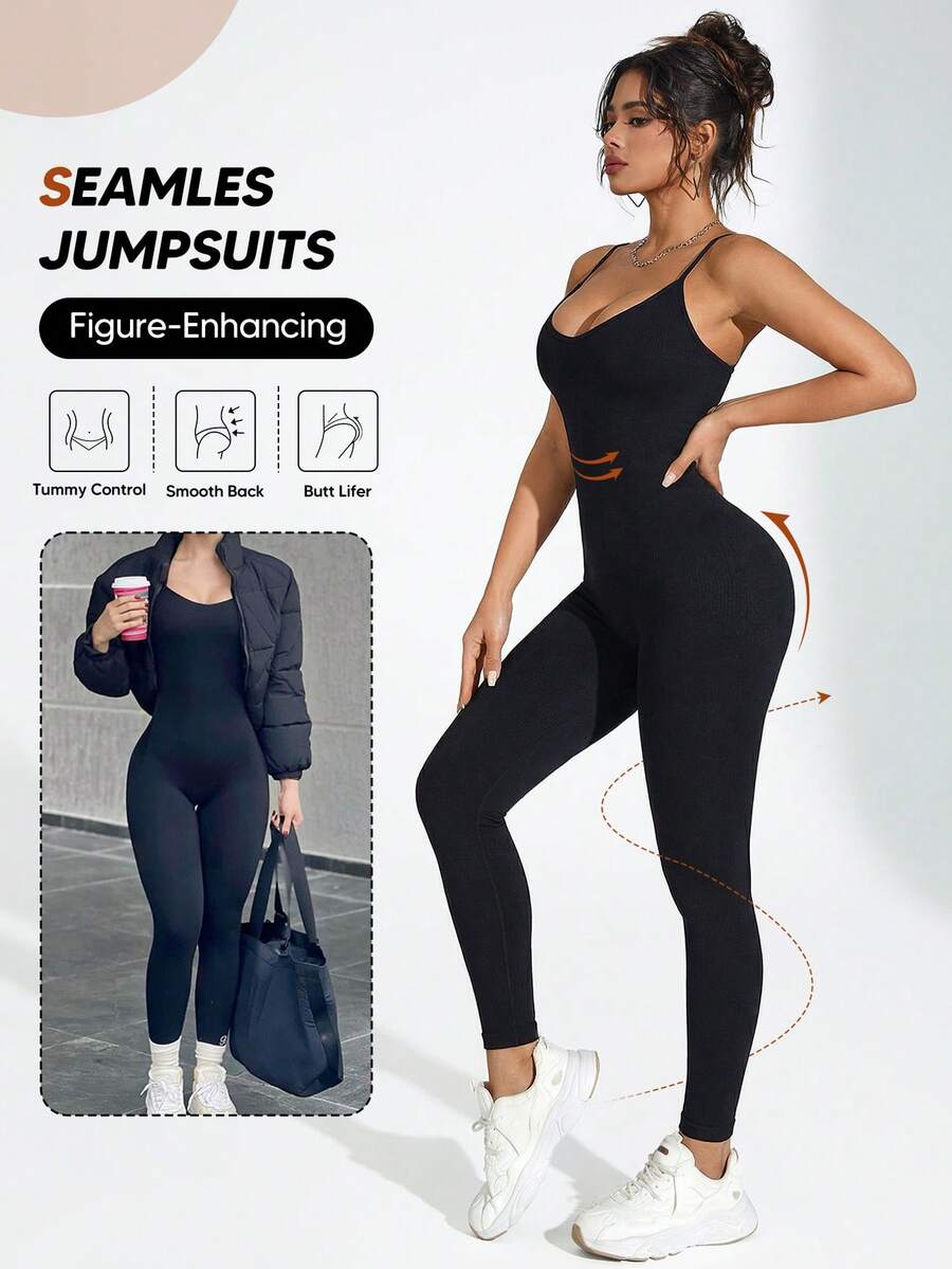 女士瑜伽连体裤，无袖紧身连体裤，贴身打底休闲黑色夏季优雅款 - 黑色 - 查看 1