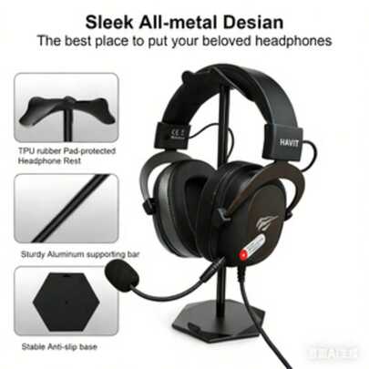  HAVIT 有线游戏耳机，带耳机支架，3.5mm接口，更好地支撑和固定耳机，兼容性强，外观炫酷，耳罩柔软，佩戴更舒适，53mm扬声器，环绕立体声，可拆卸麦克风