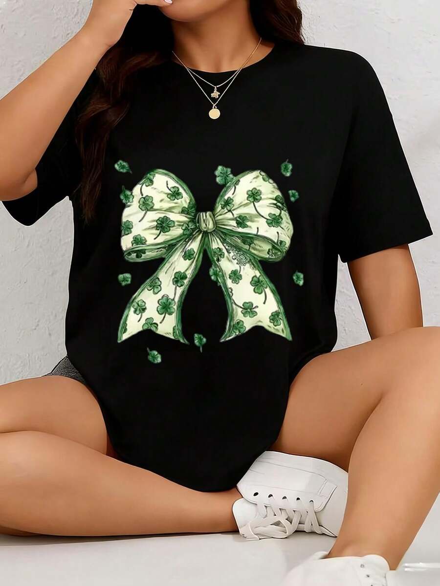 Casual T-Shirt With Green Shamrock Bow Print For Daily Wear,St. Patrick's Day Outfits For Women,Cotton Women Clothing - 黑色 - 查看 1
