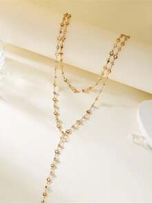 1pc Fashion Personalized French Style Long Fully Rhinestone Tassel Y-Shaped Necklace, Hollow Heart Choker Necklace, Random Color Oval Metal Chain Y-Shaped Necklace, Suitable For Travel, Date, Party And Other Occasions - Gold - View 2