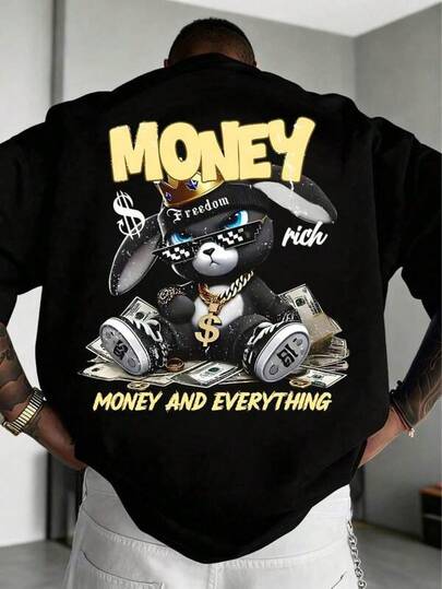 Men's T Shirts Street Fashion!Men's Wealth Rabbit Design Printed Short Sleeve T-Shirt Men's Casual Print Round Neck Short Sleeve T-Shirt Standard Fit T-Shirt For Men