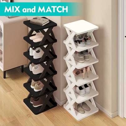 6Tier Narrow Shoe Rack, Small Vertical Shoe Stand, Space Saving DIY Free Standing Shoes Storage Organizer For Entryway, Closet, Hallway, Easy Assembly And Stable In Structure, Corridor Storage Rack, White / Black