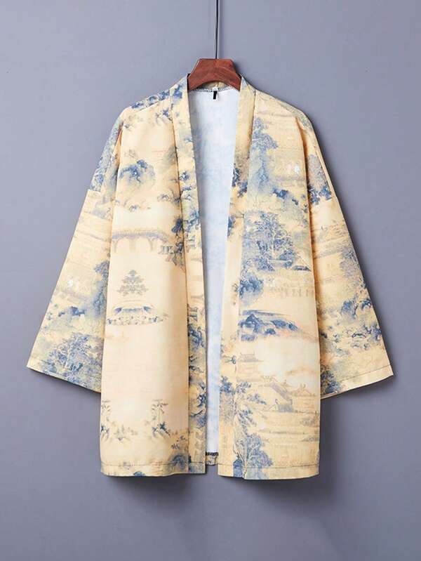 Retro Japanese Style Kimono Cover Up, Chinese Landscape Painting Print, Traditional Tang Suit, Casual Loose Hanfu, Summer Beach Cover-Up