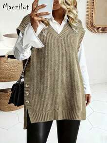 Áo len chui đầu không tay cổ chữ V thoải mái, dáng rộng cho nữ cỡ lớn - Màu Khaki - Xem 3
