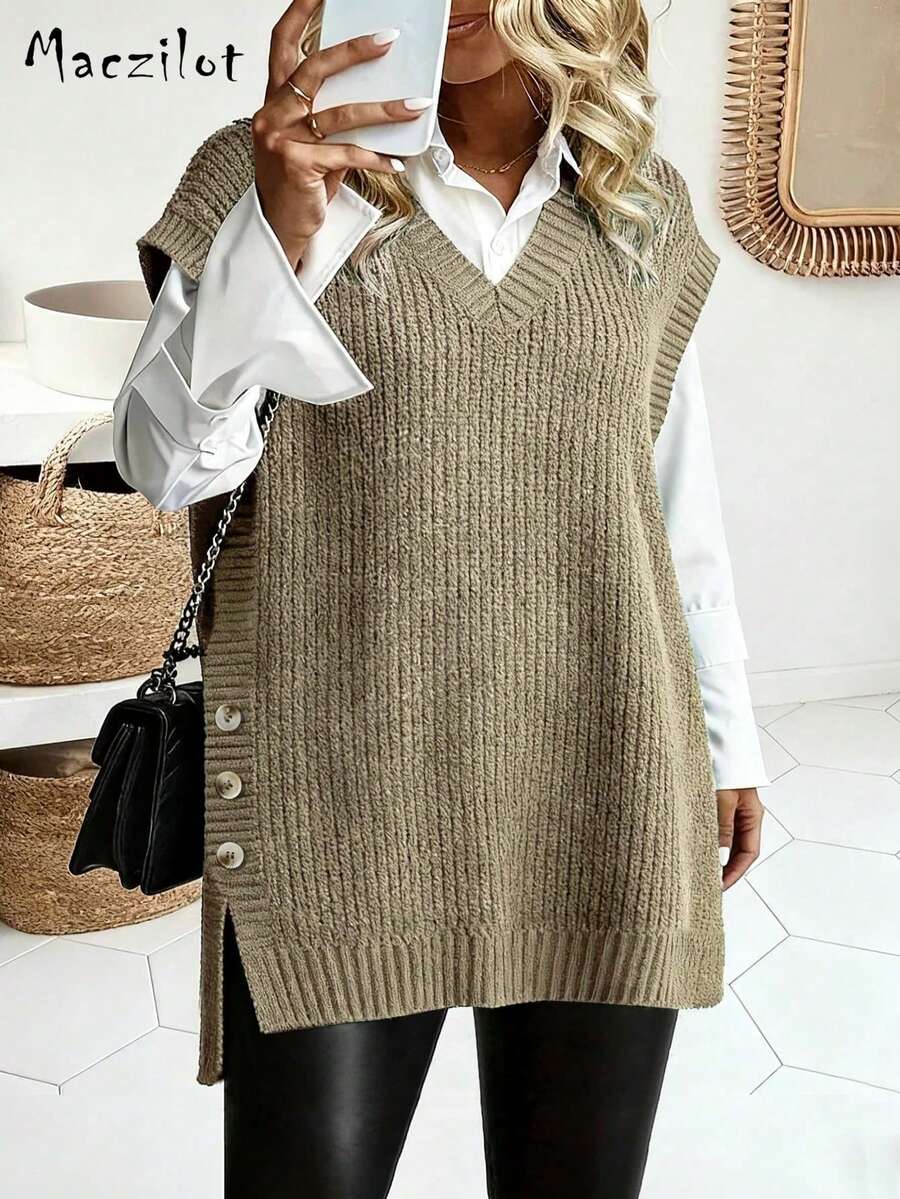 Chaleco de punto holgado sin mangas con cuello en V para mujer talla grande, otoño/invierno, cómodo y versátil, con bajo corto delantero y largo trasero, abertura lateral y detalle de botones, prenda exterior estilizadora - Caqui - Ver 1