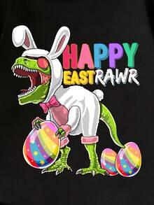 Young Girl Easter Dinosaur T-Shirt, Happy Eastern Prairie Tyrannosaurus Rex Dinosaur Easter Bunny Egg Print Casual Round Neck Short Sleeve Children Clothing - Black - View 3