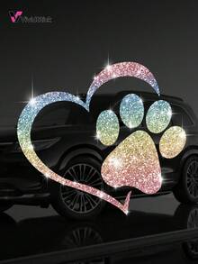 1pc Dog Paw Print Heart Design Faux Diamond Sticker, Shiny Cute Car Motorcycle Cartoon Decal - A - View 14