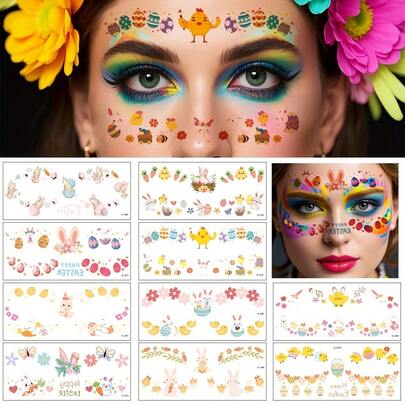 10 Sheets Easter Face And BodyTemporary Tattoos, Spring Rabbit, Carrot Chicks, Flowers, Bunny Basket, Egg Patterns, Basket Stuffers Easter Eggs Hunt Activity Prizes, Gras Happy Easter Party Favors Decorations Supplies