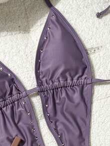 Bộ đồ bơi liền thân màu tím quyến rũ, cổ chữ V sâu có thể điều chỉnh, trang trí đinh tán, hoàn hảo cho kỳ nghỉ lãng mạn trên bãi biển và tiệc bể bơi vào ngày Valentine. - Màu tím - Xem 7