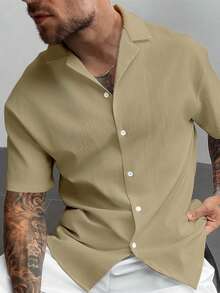 GloMan 复古风男士亚麻短袖衬衫，宽松休闲舒适沙滩衬衫，适合夏季度假，父亲节礼物，白色衬衫 - 卡其色 - 查看 4