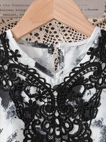 Girls Toddler Butterfly Pattern Ruffle Trim Short Sleeve Lace Decor Dress, Summer - Black - View 5