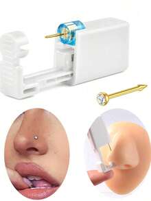 1 Nose Piercing Kit With Gold Nose Stud, 1 Pack Nose Piercing Gun, Disposable Nose Piercing Kit, White Nose Piercing Gun Tool Set - 金色 - 查看 3