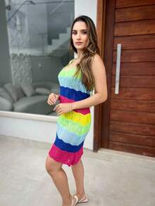Women's Knitted Beach Cover-Up Colorful Short Dress Beach Outfit - 玫紅色 - 查看 3