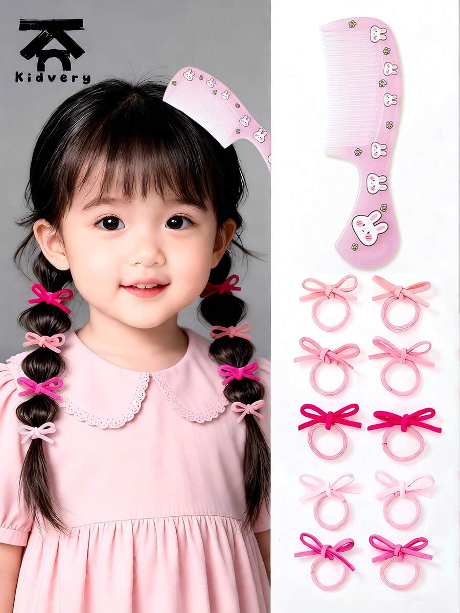 11件套女孩迷你蝴蝶结发圈和动物图案果冻迷你梳套装，便携实用糖果色小梳子，适合女孩发型设计和护发，送给女孩的最佳礼物 - 彩色 - 查看 1