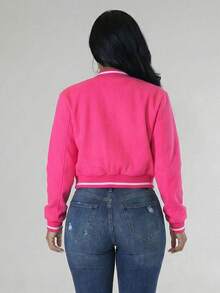 Plus Size Casual Varsity Jacket Long Sleeve Knitted Fabric Baseball Collar For Party - Màu Hồng Tươi - Xem 3