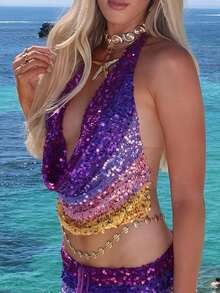 Rainbow Sequin Glitter Top For Women's Disco Queen Party Outfit Costume Cowl Neck Backless Halter Vest For Theme Party Carnival - 彩色 - 查看 6