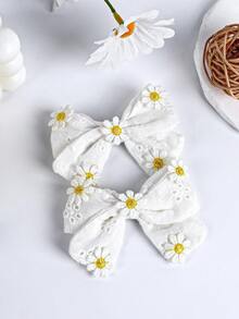 2pcs Sunflower Decor Bow Hair Clips For Girls White Fabric Hair Bow Clips For Kids Elegant Alligator Barrettes For Daily Hair Accessories - Multicolor - View 6