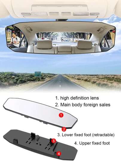 Car Rear View Mirror, 12 Inch Car Interior Panoramic Convex Rearview Mirror, Clip-On HD Wide Angle Extended Curved Mirror, Reduce Blind Spot Effectively, Universal Car Accessories