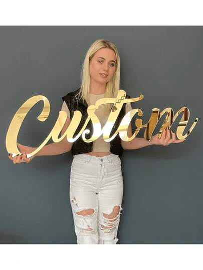 Placa de nombre grande dorada, placa decorativa de pared, colgante de pared, letrero de fiesta, placa de nombre de letra de espejo, placa decorativa de pared personalizada, placa de nombre de acrílico