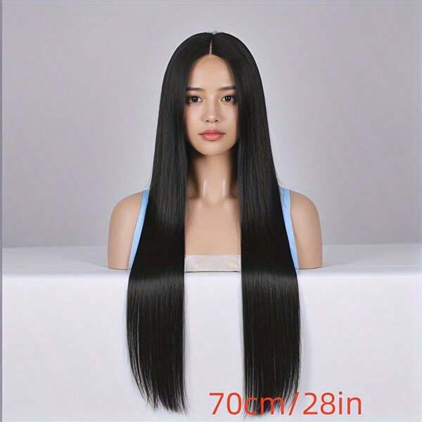 NATAN Elegant Long Black Wig For Women - Fashionable Middle Part, Heat-Resistant, Voluminous Straight Synthetic Hair With Secure Cap, Short Hair Wig