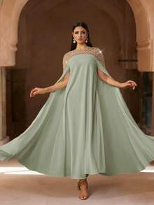Eleganter weißer Langarm Kaftan Bademantel, verziert mit exquisiter Perlenbestickung, luxuriöser langer Abaya, würdevoll und angemessen, arabischer Stil Bademantel für Frauen im Frühling - Minzgrün - Übersicht 3